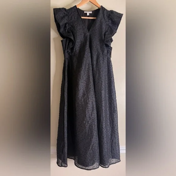 Chelsea 28 Ruffle Cap Sleeve Organza Midi Dress Large Black - Picture 4 of 13